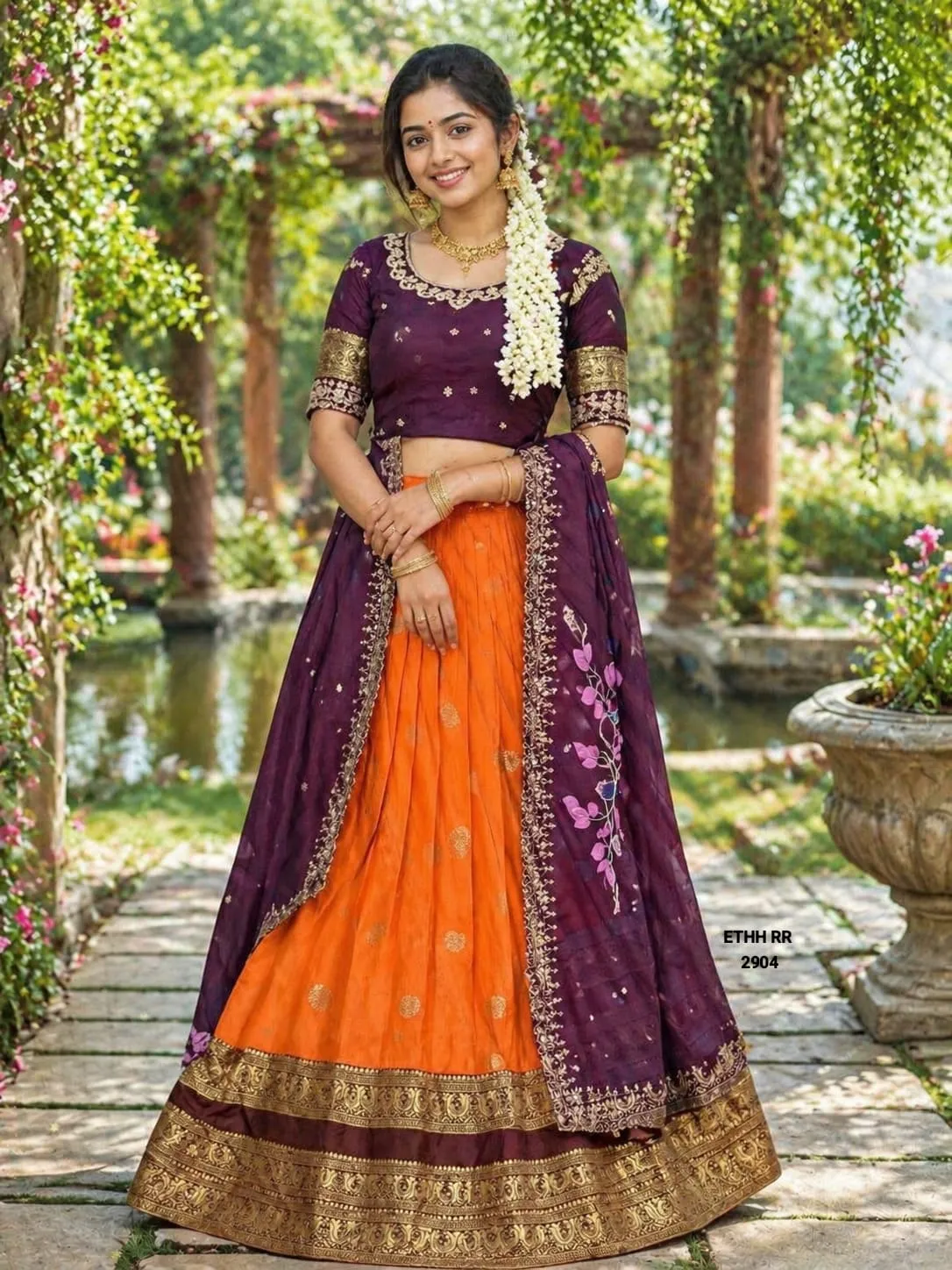 Traditional Gold Zari Work Maroon Blue Lehenga